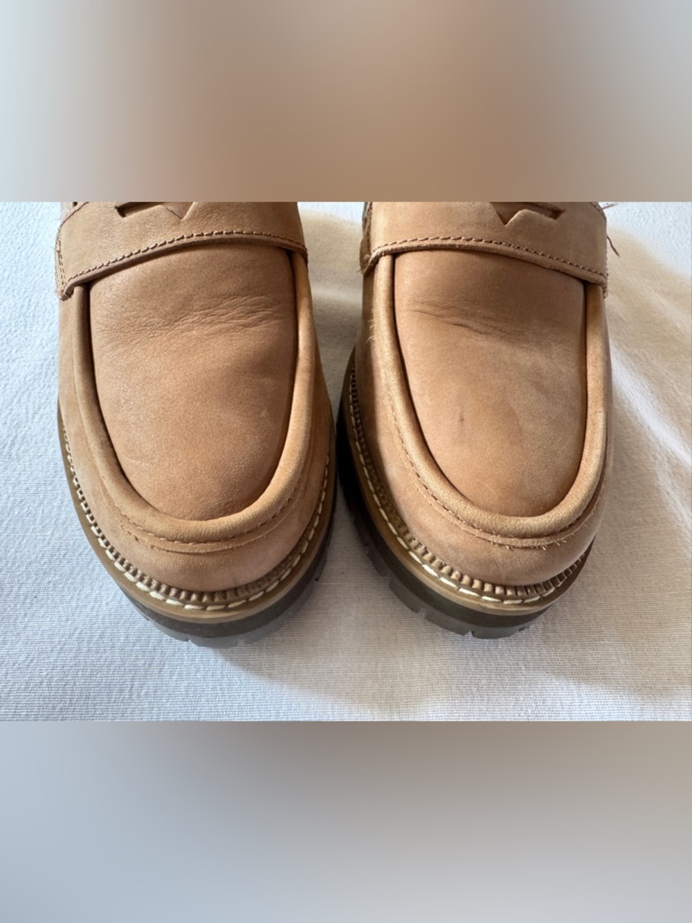 TOMS Cara Tan Leather Faux Fur Lined Penny Loafer Mule Lug Sole Shoes Size 8.5 - Picture 8 of 10